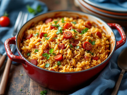 Sizzling Baked Rice with Spanish Chorizo: A Mouthwatering Closeup in a Spanish Cazuela