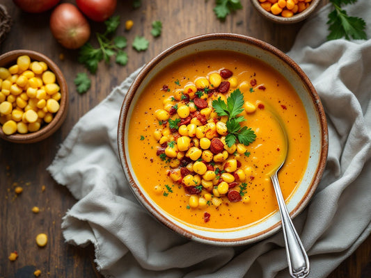 Bowl of Refreshing Chilled Corn Soup with the Bold Flavors of Spanish Chorizo