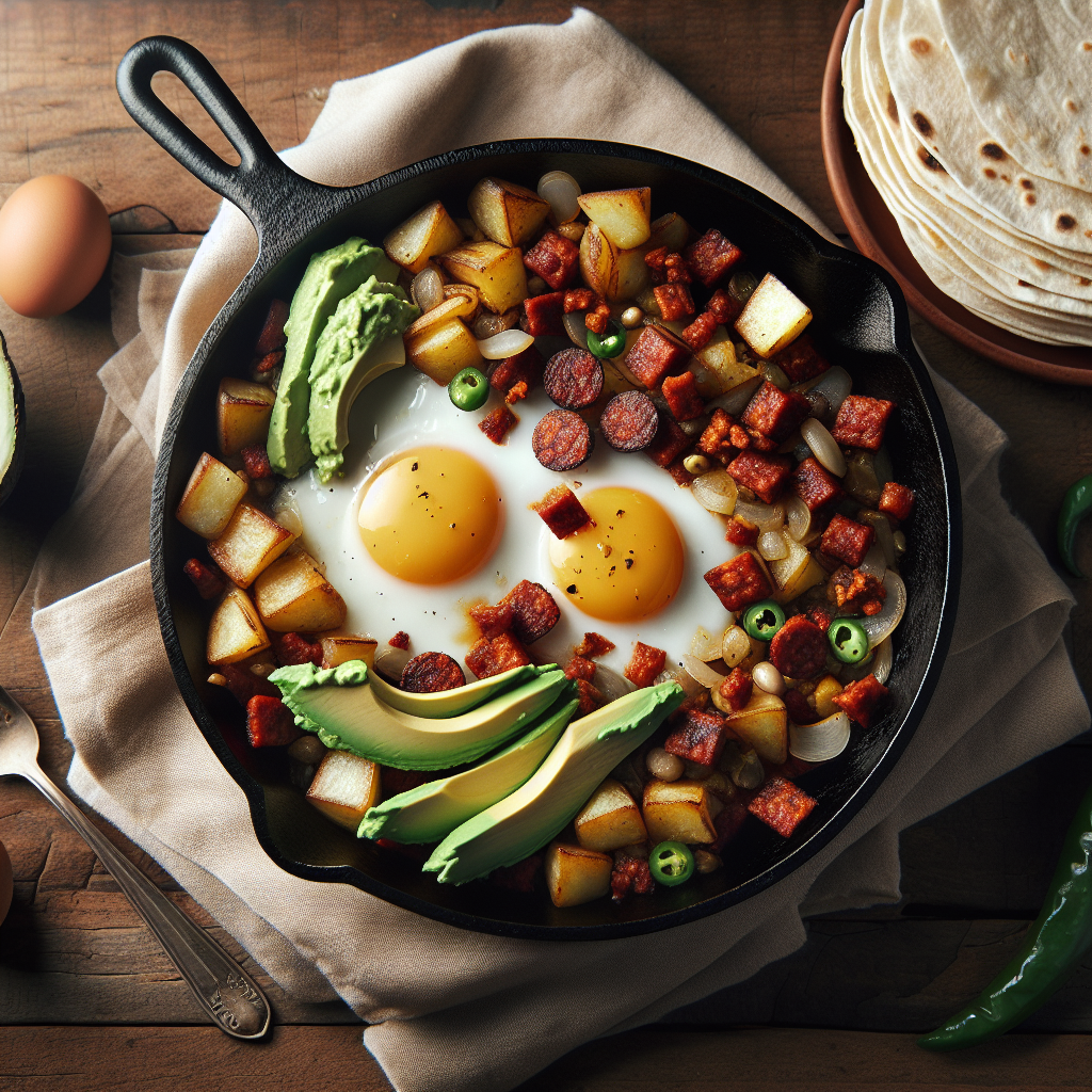 Crispy Potato, Chorizo and Green Chili Hash in a cast iron skillet with flour tortillas on the side.