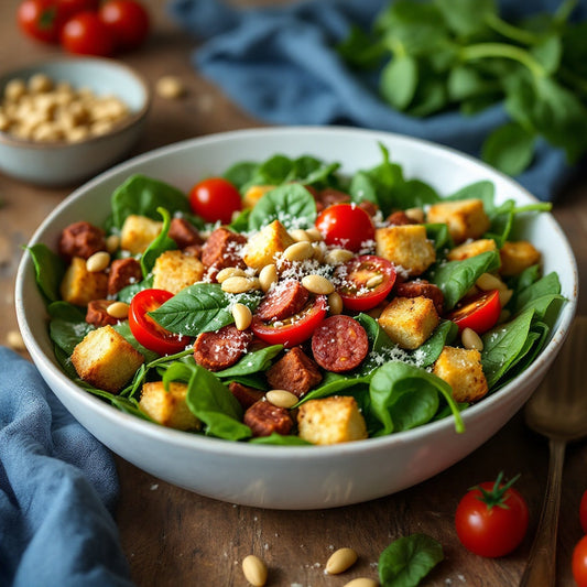 Bowl of Baby Spinach Leaves with Spanish Chorizo, Tomatoes & Croutons.