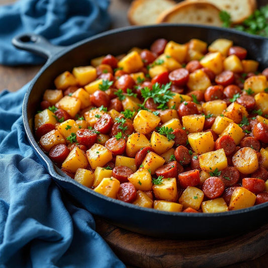 A close-up overhead view of a black cast-iron skillet brimming with bite-sized golden Yukon Gold potato cubes and slices of smoky Spanish chorizo, all lightly crisped and speckled with bright green parsley leaves.
