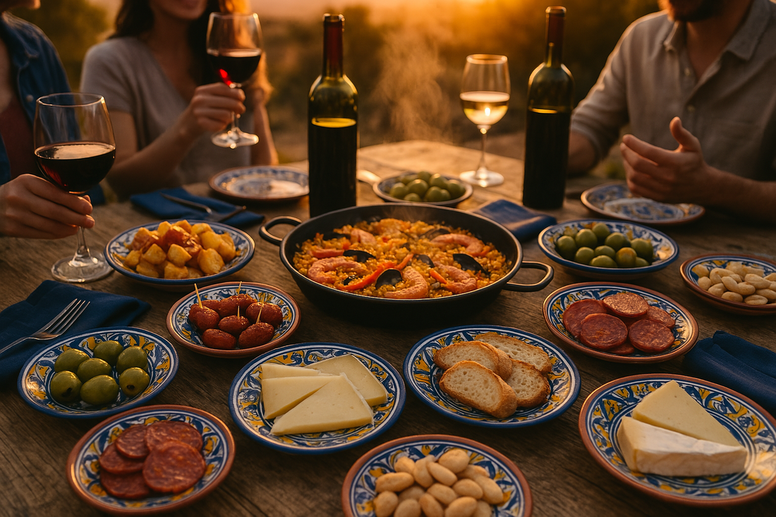 Sunset with People at a Rustic Table enjoying Wine and Spanish Tapas.