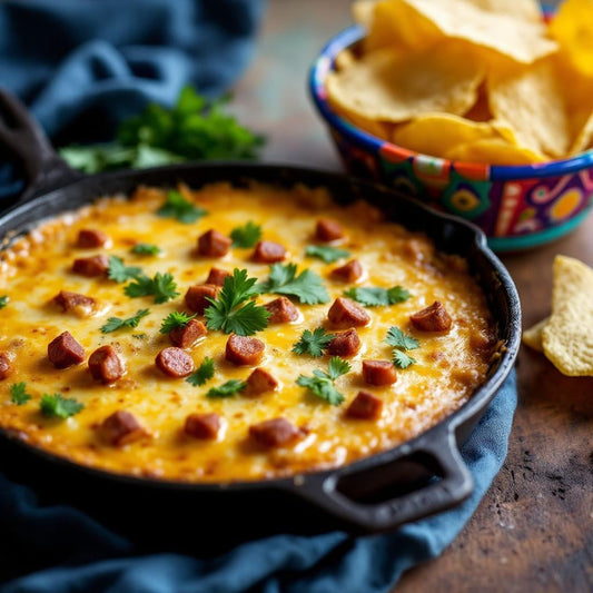 Close-up of bubbling queso fundido with Spanish chorizo in a small cast-iron skillet, garnished with cilantro, on a rustic table beside a colorful Mexican basket filled with tortilla chips