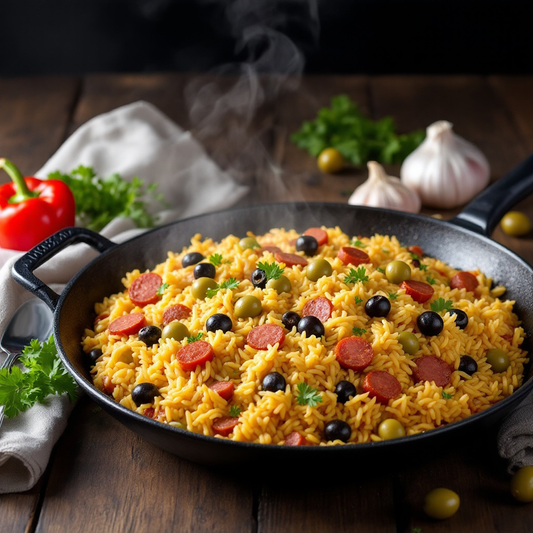 Spanish Chorizo and Olive Paella in a traditional paella pan featuring fluffy saffron rice, chorizo slices, green and black olives.