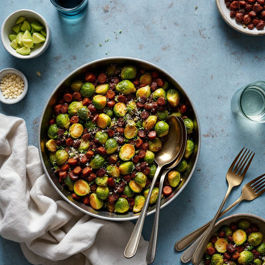 Serving Platter of Brussels Sprouts with Spanish Chorizo