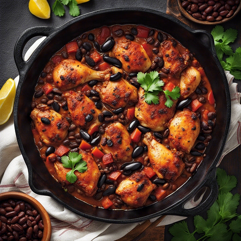 Cast iron pan filled with juicy brown chiken and black beans.