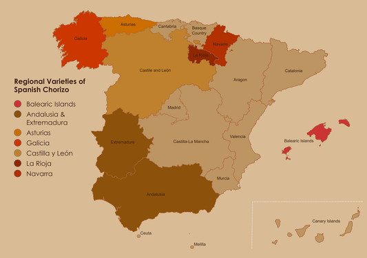 Map of Spain with color coded Regions of Spanish Chorizo Varieties