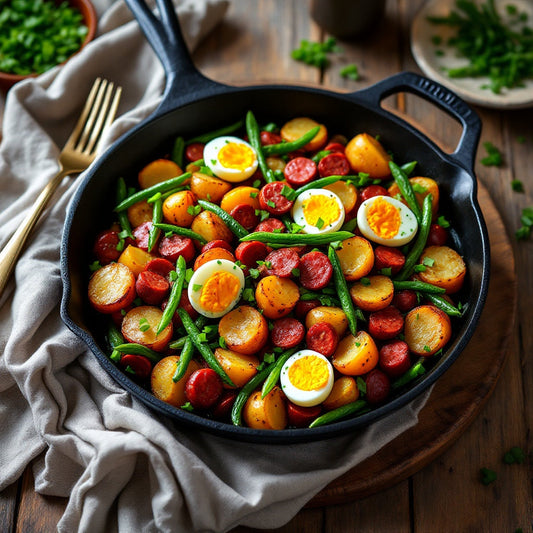 Spanish Chorizo Potato Salad with Green Beans & Boiled Eggs in a cast-iron skillet.