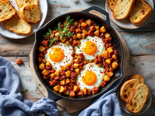 Cast Iron Skillet with Spanish Chorizo, Baked Eggs & Yukon Gold Potatoes