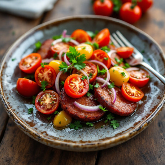 A plate of Spanish Chorizo, Tomatoes & Red Onions