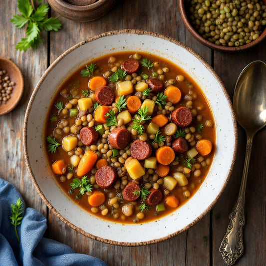 Steaming Bowl of Spanish Chorizo & Lentil Soup on a Rustic Table.