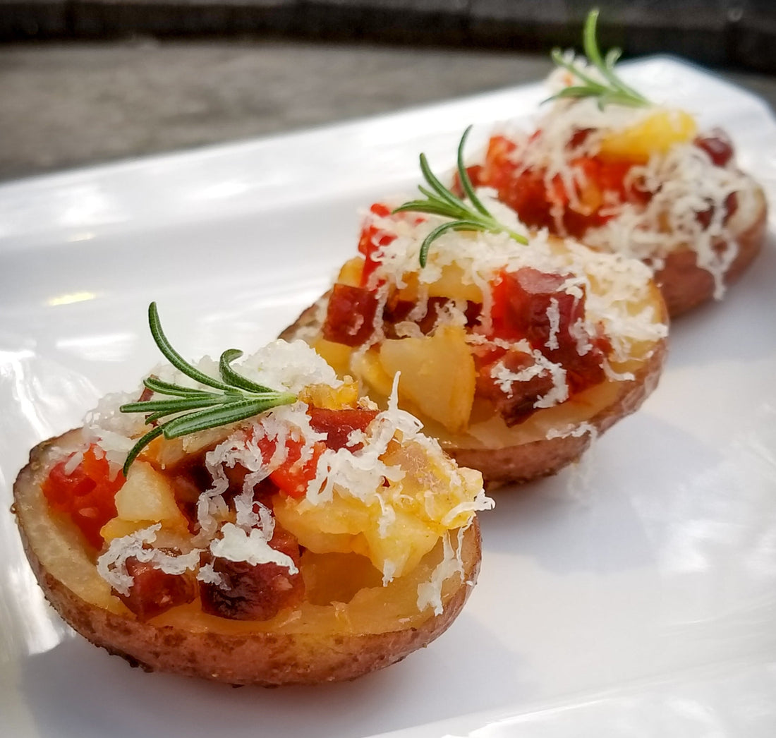 Tapas plate with three Chorizo Stuffed Potato Bites.