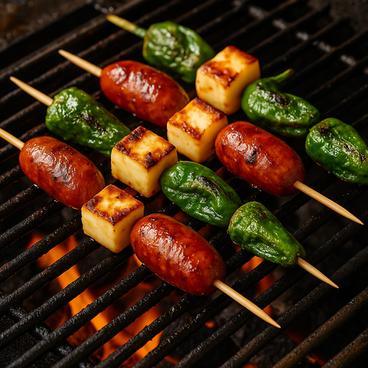 Spanish tapas skewers with grilled chorizo, halloumi cheese, and Padrón peppers sizzling on a barbecue grill.