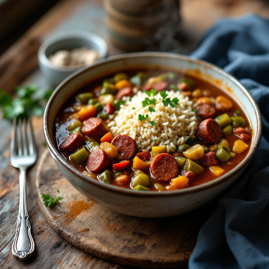 Bowl of steaming Kick Butt Gumbo with Aurelia's Spanish Chorizo.