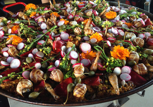 Large Paella Pan of Paella Valenciana with Snails, Rabbit & Colorful Veggies.