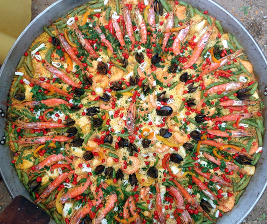 Large Paella Pan brimming with Shrimp, Monkfish, Mussels & Spanish Chorizo