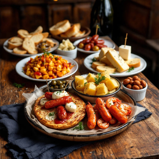 A sampling of Tapas and Pintxos on an old table.