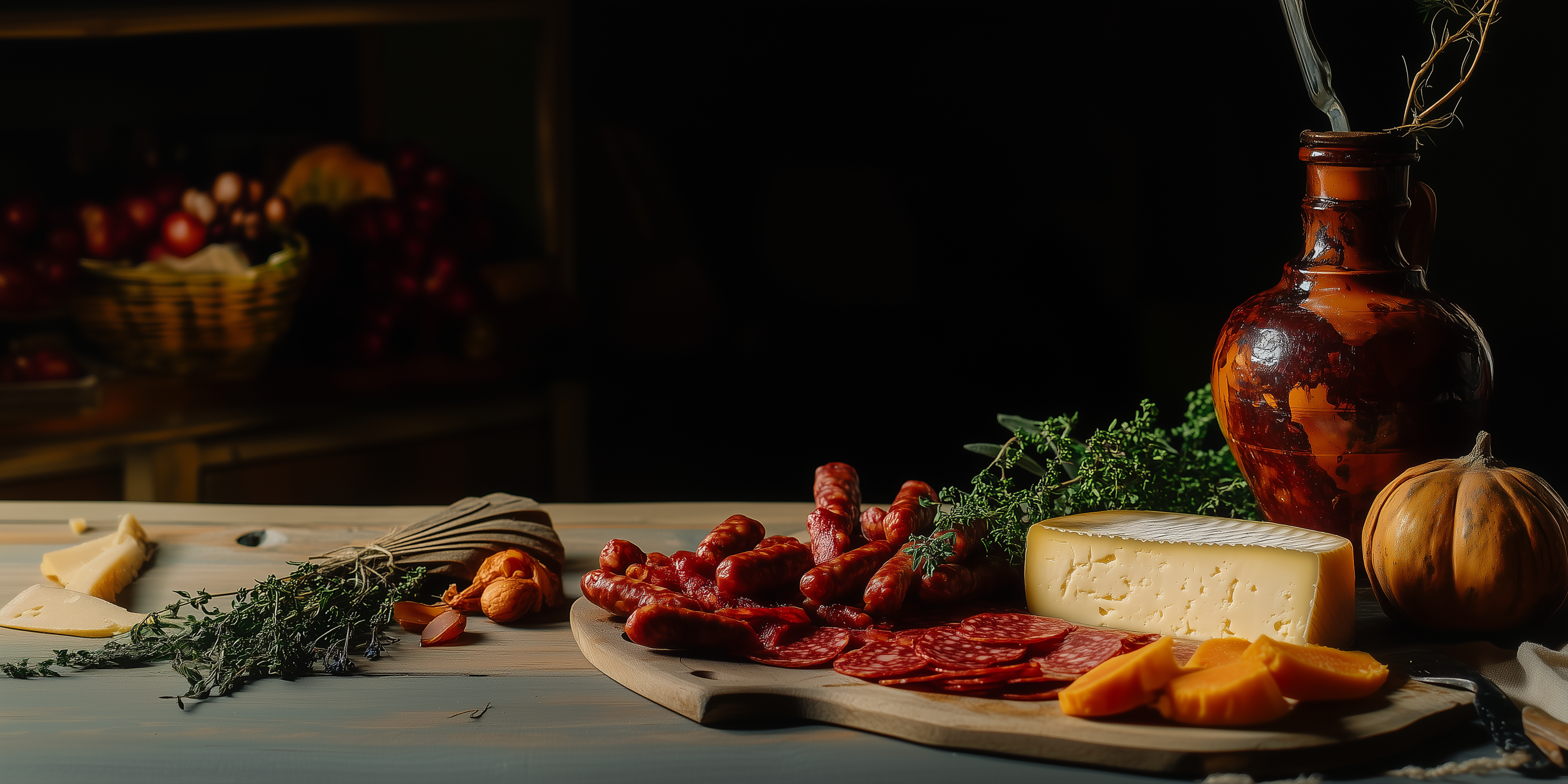 Charcuterie board with Spanish chorizo, gouda, cheddar, thyme, dried apricots, nuts, a terracotta jug, and a small pumpkin, creating a warm, autumnal setting