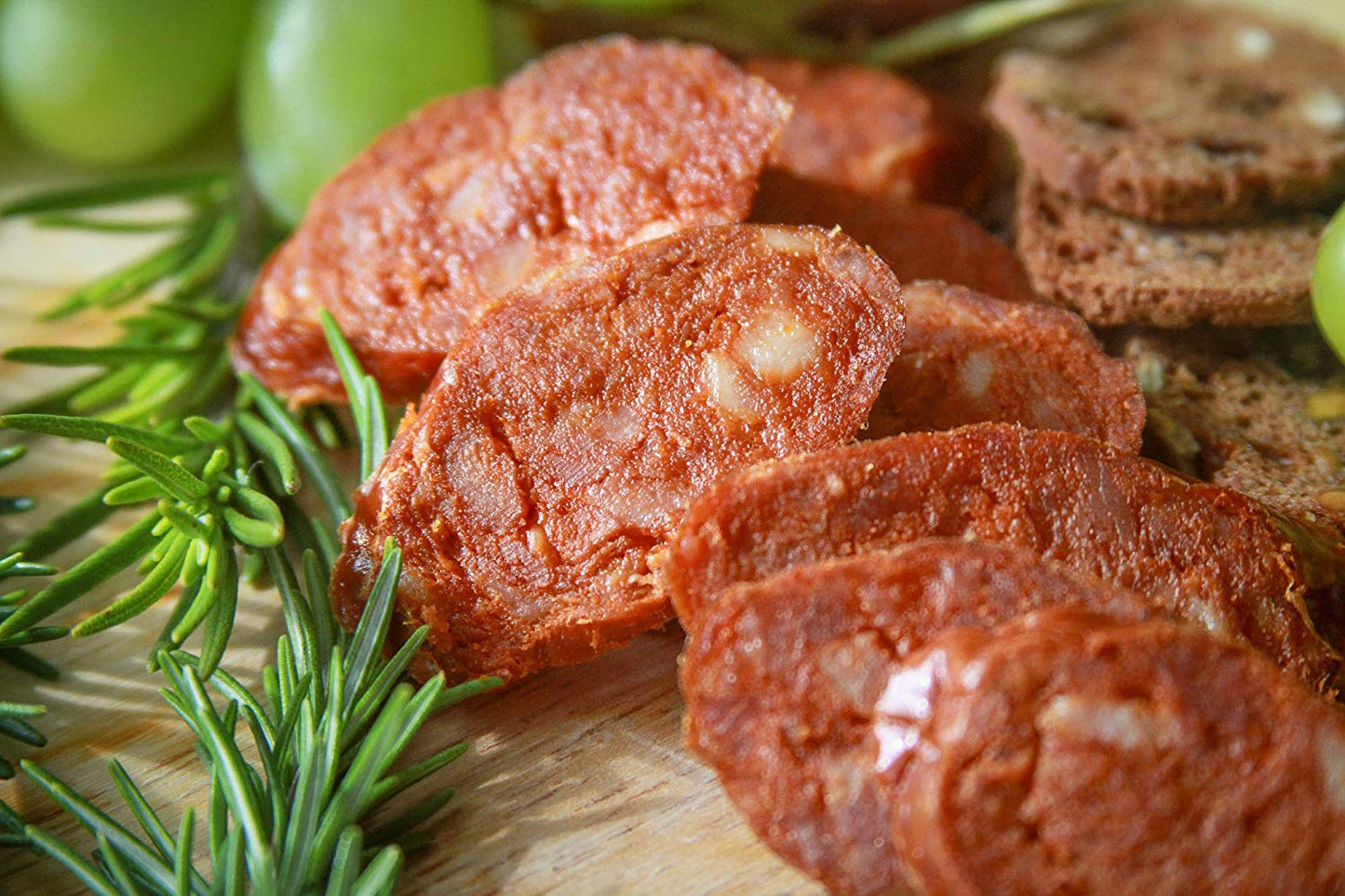 Closeup of Spanish Chorizo slices.